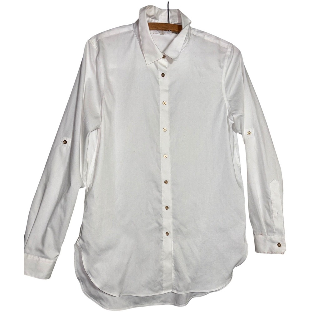 Calvin Klein Womens White Cotton Button Up Shirt Gold Logo Buttons Size S